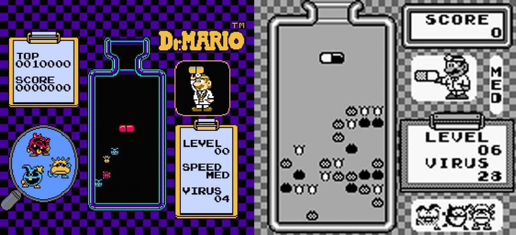 Comparativa del diseño de pantalla de Dr. Mario, para versiones NES y Game Boy  respectivamente