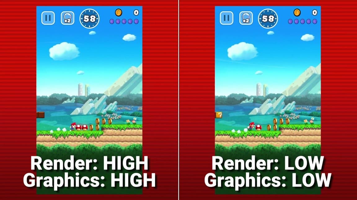 Comparación gráfica de ‘Super Mario Run’ con el modo de ahorro de energía activado y desactivado