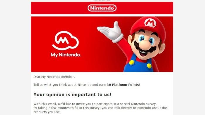 Algunos miembros de My Nintendo están recibiendo una encuesta en la que se les premia con 30 Puntos de platino