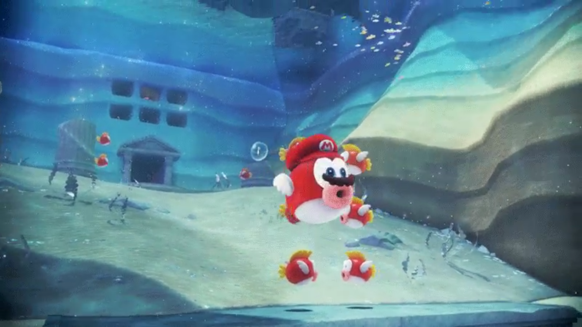Un vistazo al Cheep Cheep capturado de Super Mario Odyssey en movimiento, y a un curioso entorno