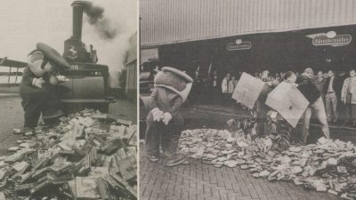 Estas fotos de 1994 muestran a Nintendo destruyendo juegos falsificados con una apisonadora