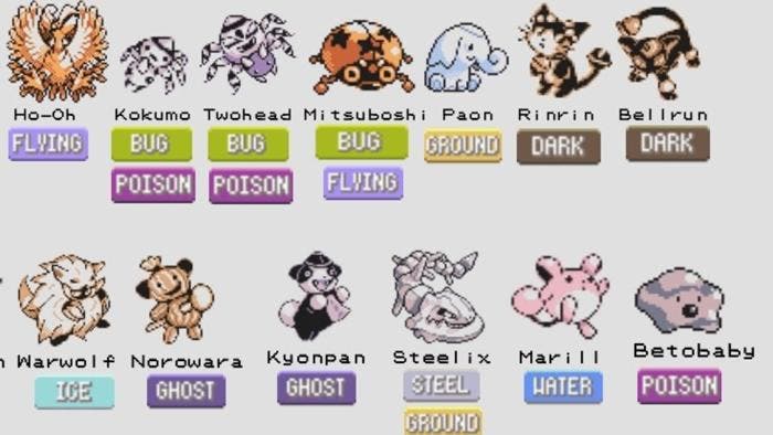 Los prototipos de Pokémon de la demo de Pokémon Oro con nombres y tipos