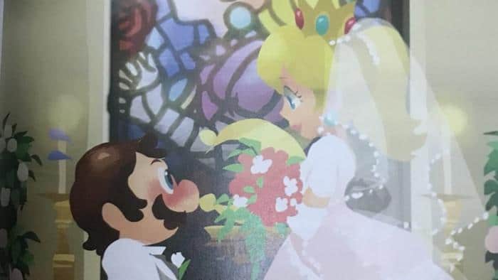 Un boceto del libro de arte oficial de Super Mario Odyssey muestra a Mario y a Peach casándose