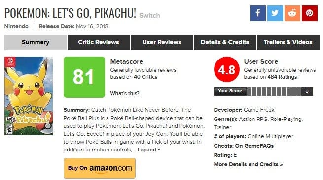 Pokémon: Let’s Go es el juego de Pokémon peor valorado por los usuarios en Metacritic