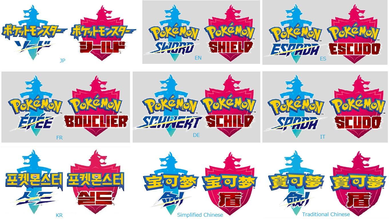 Esta imagen muestra el logo de Pokémon Espada y Escudo en todos los idiomas