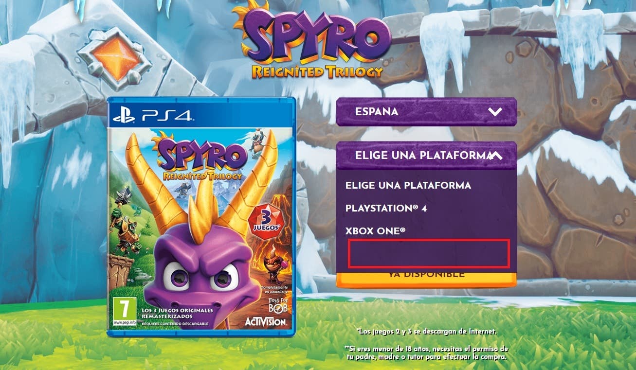 La web oficial de Spyro Reignited Trilogy tiene un espacio en blanco seleccionable en el menú de consolas