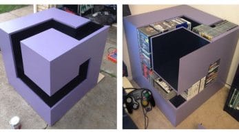 Esta estantería con forma de logo de GameCube gigante es perfecta para almacenar videojuegos