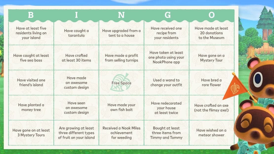Nintendo comparte esta tarjeta de bingo basada en Animal Crossing: New Horizons