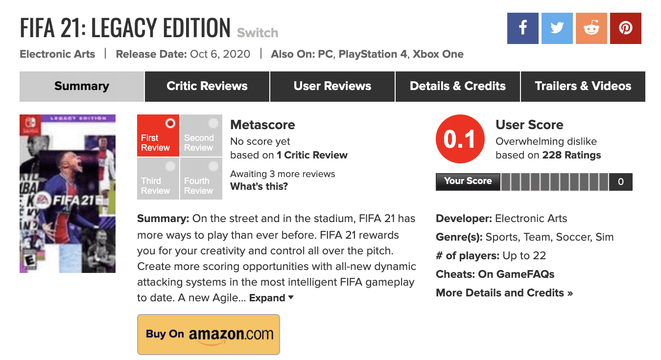 FIFA 21: Legacy Edition para Nintendo Switch tiene actualmente una nota media de 0,1 en Metacritic