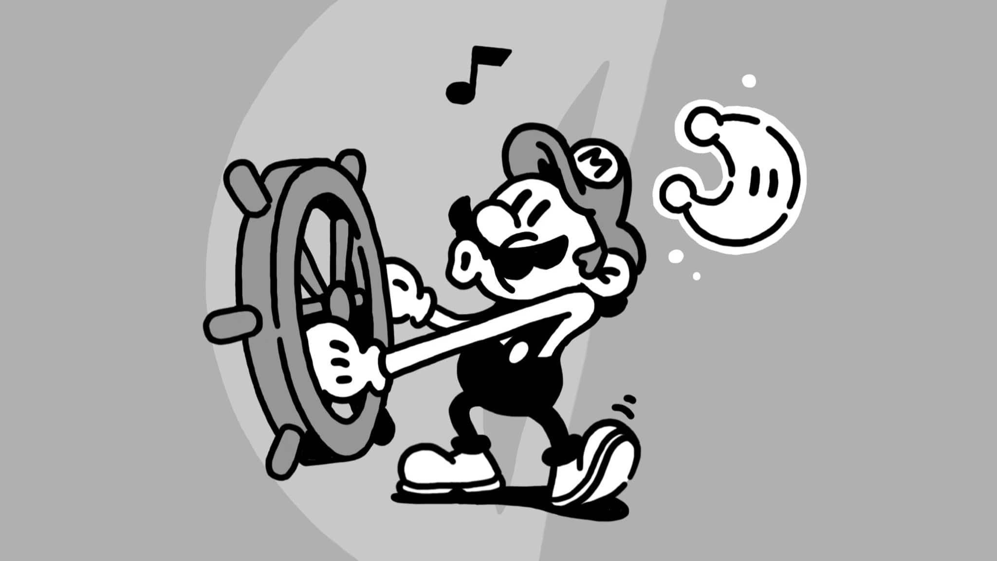 James Turner publica esta ilustración de Mario recreando una famosa escena de Mickey Mouse en Steamboat Willie
