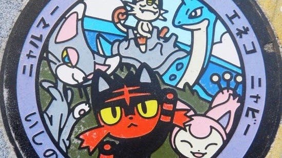 Así lucen las tapas de alcantarilla de los Pokémon Vulpix en Eniwa y de Lapras, Litten, Meowth, Glameow y Skitty en Ishinomaki, Japón