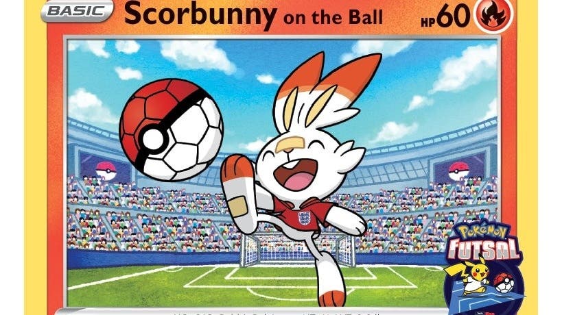 Así luce la carta promocional de Scorbunny con pelota anunciada en Reino Unido en apoyo a su programa de fútbol sala