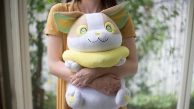 Merchandise Pokémon: caja de cartas de Roy, peluches de Dialga, Palkia y Giratina y peluche de tamaño real de Yamper