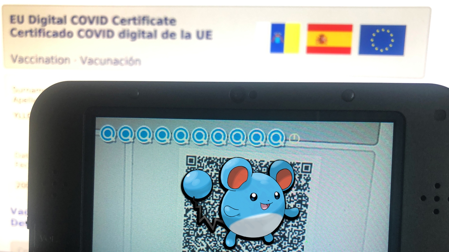 El certificado COVID contiene códigos QR que tienen asignado un Pokémon en Pokémon Sol y Luna