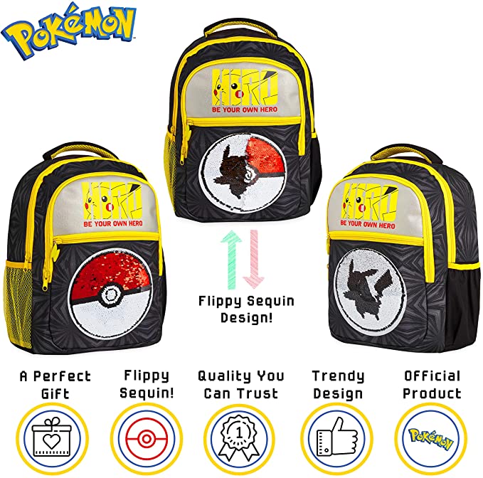 Mochila Pokémon más vendida en Amazon, con un dibujo de lentejuelas de Pikachu