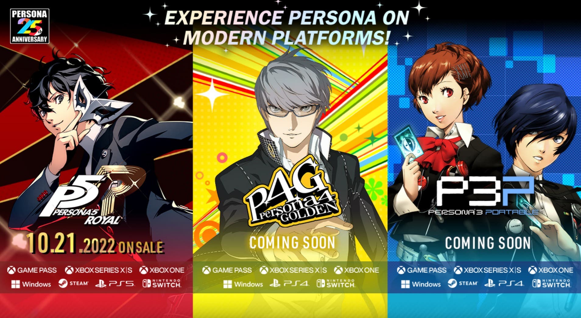 Persona 3 Portable, Persona 4 Golden, and Persona 5 Royal arrive on Nintendo Switch on October 21